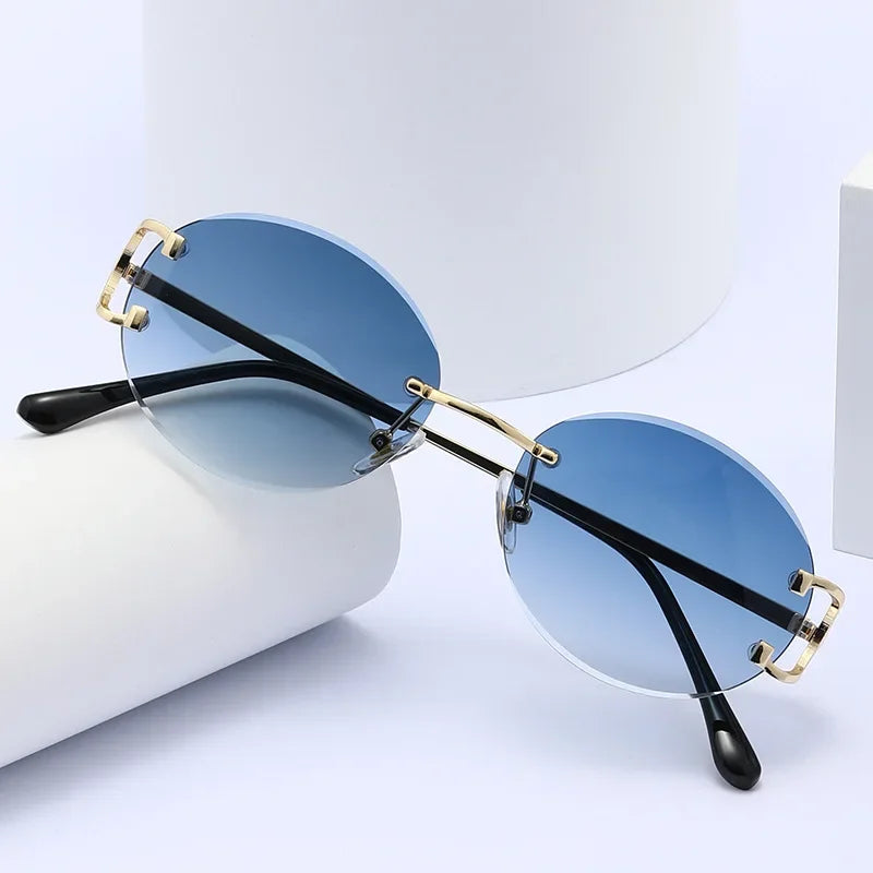 Trendy Sunglasses for Woman Summer Rimless Sunglass Oval Fashion Brand Designer Shades Pink Women'S Sun Glasses UV400