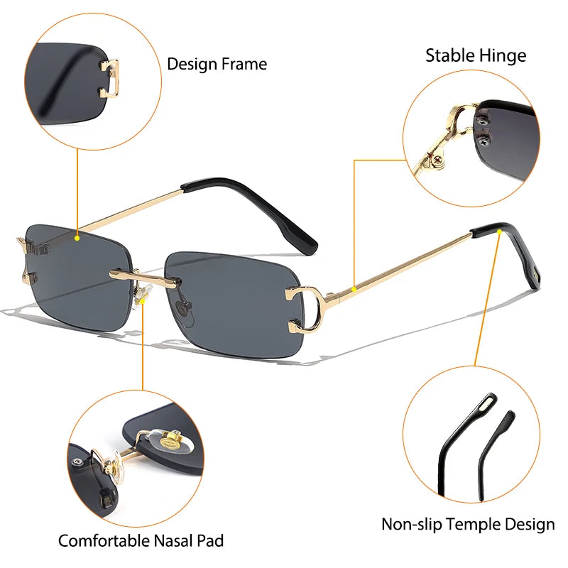 Retro Rimless Sunglasses for Women Men Small Square Gold Frame Brand Design Tea Shades Rectangle UV400 Zonnebril Eyewear