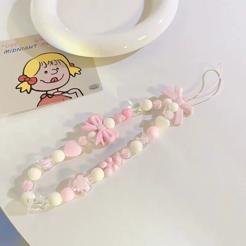 Korean Cute Charm Bear Love Heart Bowknot Phone Chains for Iphone Women Girls Jewelry Strap Beaded Lanyard Hanging Cord Bracelet - The Cute Corner